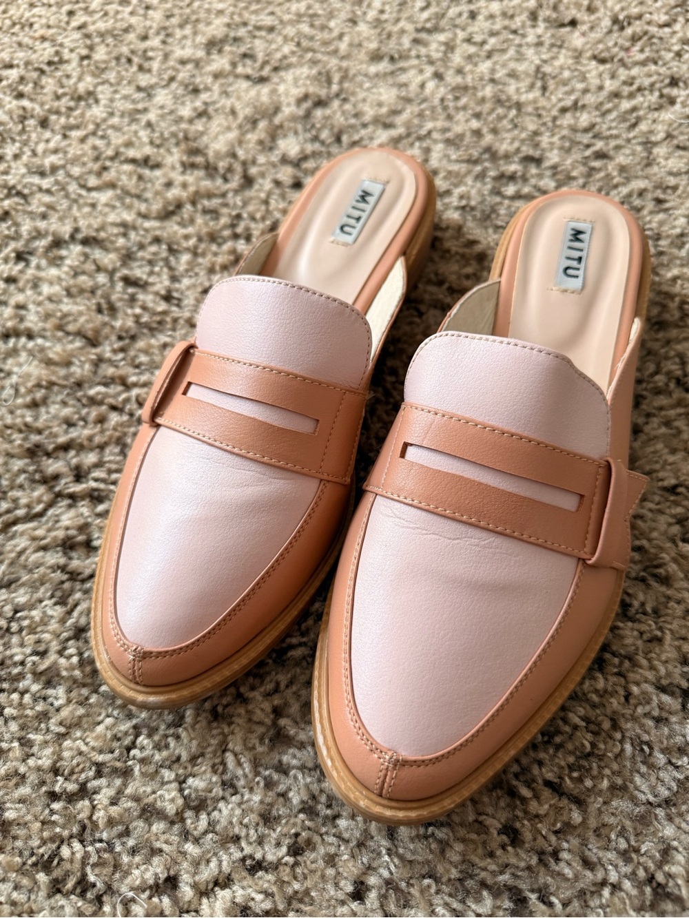 Leather Pink and Tan Slip-On Loafer Mules for Women
